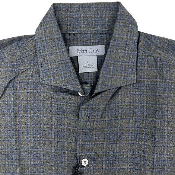 New Dylan Gray Men US L Dress Shirt Button Down Long Sleeve Gray Olive Plaid - Picture 6 of 12